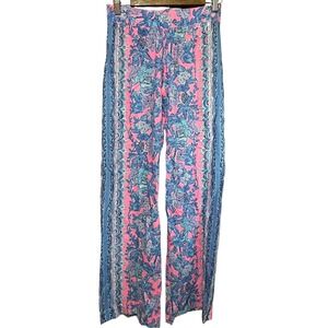Lilly Pulitzer XXS Palazzo‎ Pants Wide Leg Tropical Floral Print Pink Blue